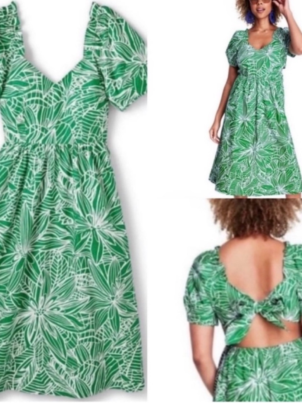 Green Floral Backless Puff-Sleeve Midi Dress